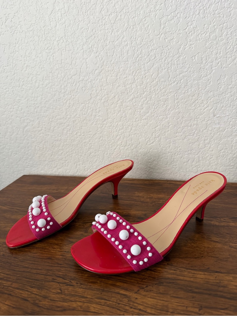Kate Spade New York Pink & Red Leather Kitten Heel with Pearl Embellishments - Picture 3 of 9
